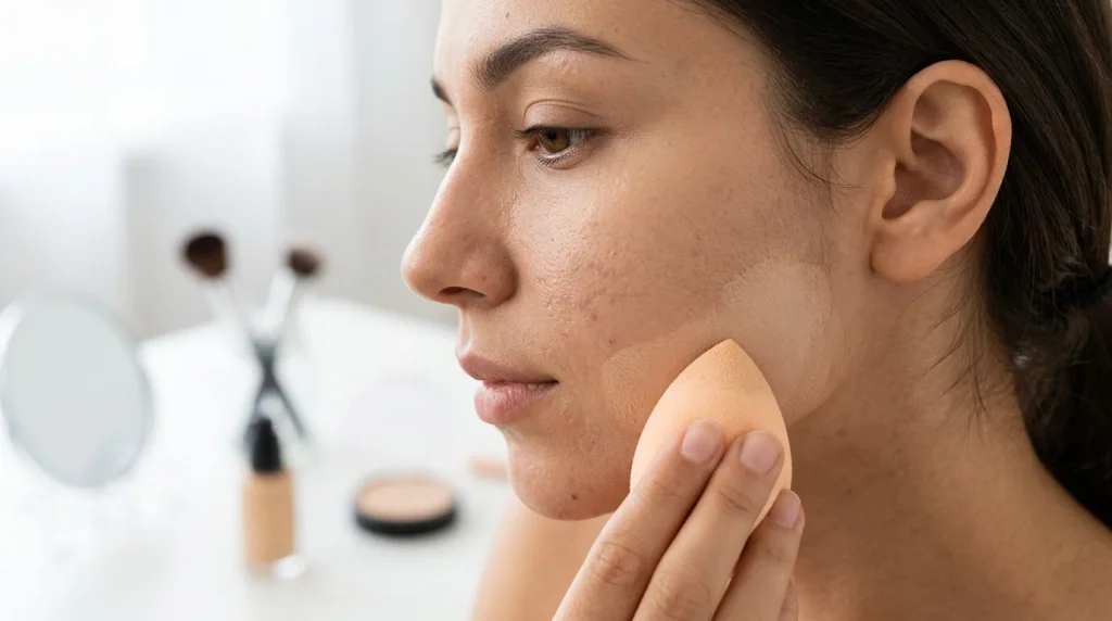 Foundation being applied to facial skin with a makeup sponge