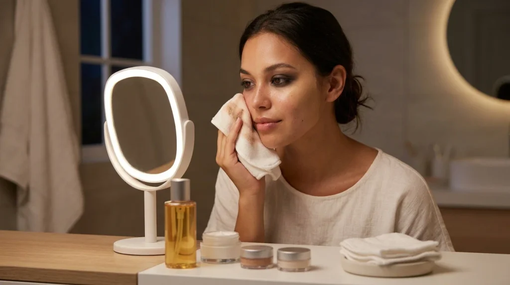 Person gently removing makeup from the face how makeup affects your face and skin